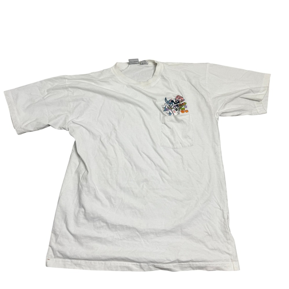 Vintage Tiny Toon Adventures Pocket T-Shirt White Embroidered Looney Tunes L
